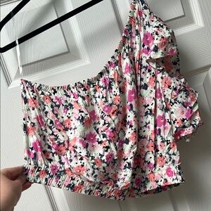 Universal Thread Pink and Black Asymmetrical Ruffled Crop Blouse